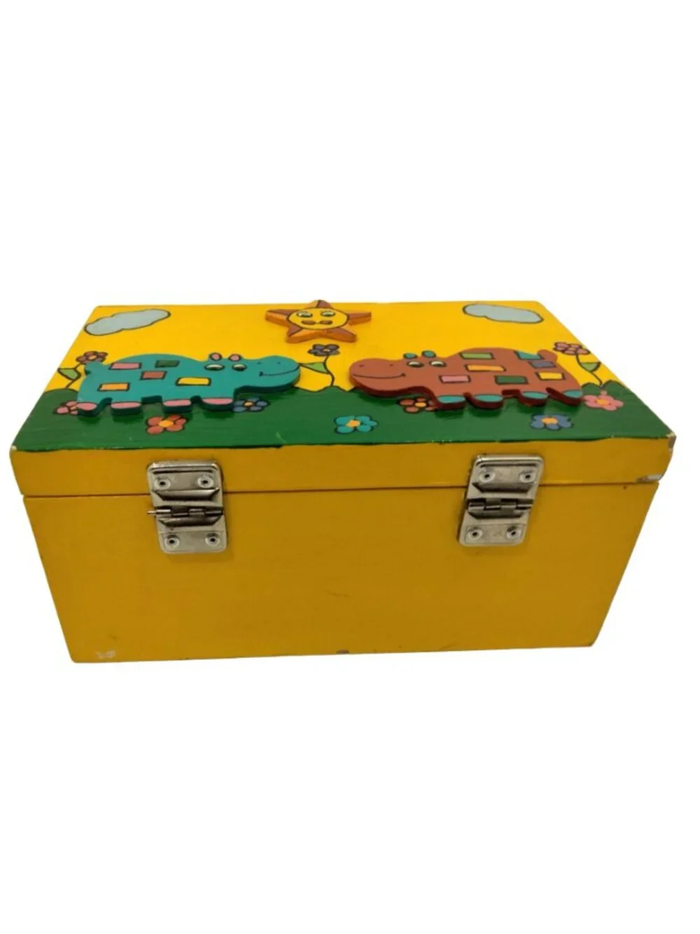 Hand Painted Wood Lunchbox Hippos Storage Box Handmade Yellow 3D